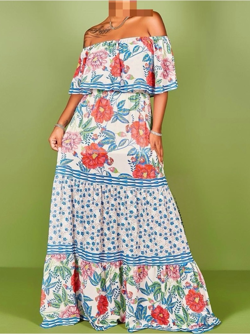 Off-Shoulder Floral Maxi Dress in White and Blue